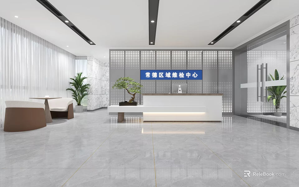 Elegant Modern Reception Desk In Shunde Skin Management Center With Plants And Marble Floor 3d model 