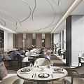 Elegant Modern Restaurant Interior With Curved Ceiling Marble Tables Comfortable Chairs And Pendant Lights