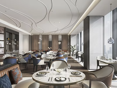 Elegant Modern Restaurant Interior With Curved Ceiling Marble Tables Comfortable Chairs And Pendant Lights 3d model