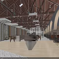 Warm Restaurant Interior With Wooden Ceiling Arched Doors Brick Walls Bar Counter And Pendant Lights