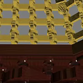 Traditional Ancient Architecture Featuring Red Wooden Structure Golden Caisson Ceiling And Intricate Carvings