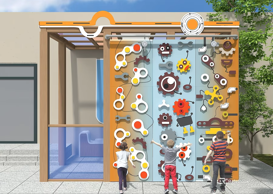 Children's Play Area With Interactive Wall Colorful Gears And Kids Playing 3d model 