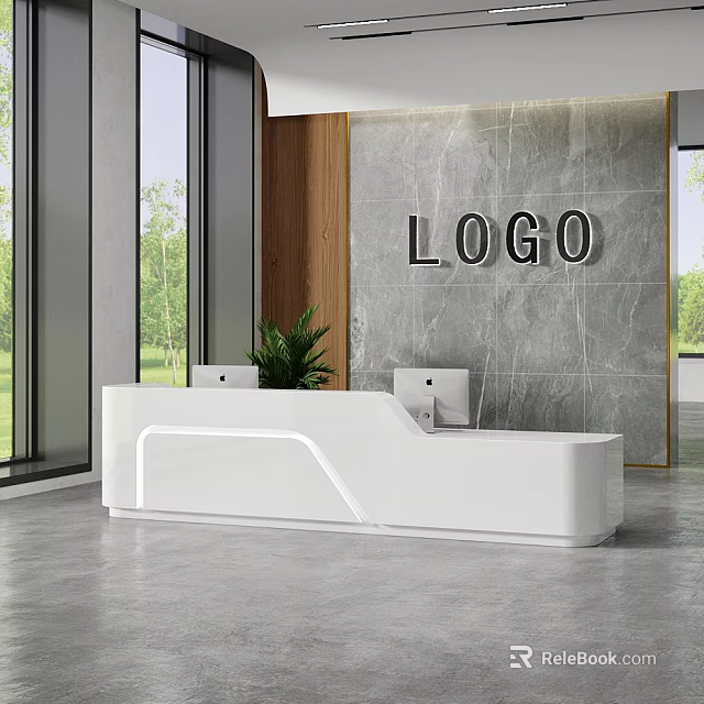 Modern White Reception Desk Design With Marble Wall Logo Green Plant And Large Windows 3d model 