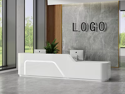 Modern White Reception Desk Design With Marble Wall Logo Green Plant And Large Windows 3d model