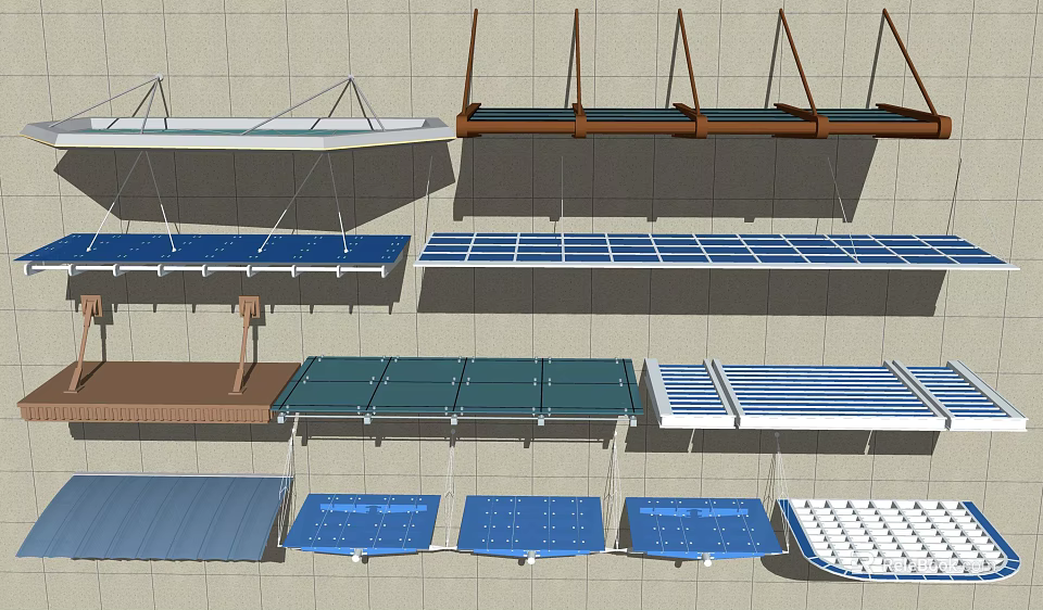 Various Outdoor Canopy Designs Featuring Different Materials And Mounting Structures 3d model