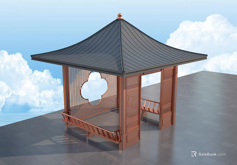 Garden Landscape Pavilion With Black Roof Wooden Circular Open Window Bench Blue Sky White Clouds 3d model 