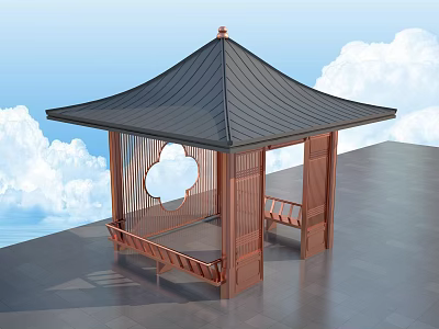 Garden Landscape Pavilion With Black Roof Wooden Circular Open Window Bench Blue Sky White Clouds 3d model