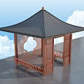 Garden Landscape Pavilion With Black Roof Wooden Circular Open Window Bench Blue Sky White Clouds