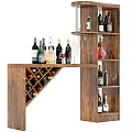 Wooden Wine Cabinet With Tilted Rack And Shelves For Bottles Glasses And Decanter