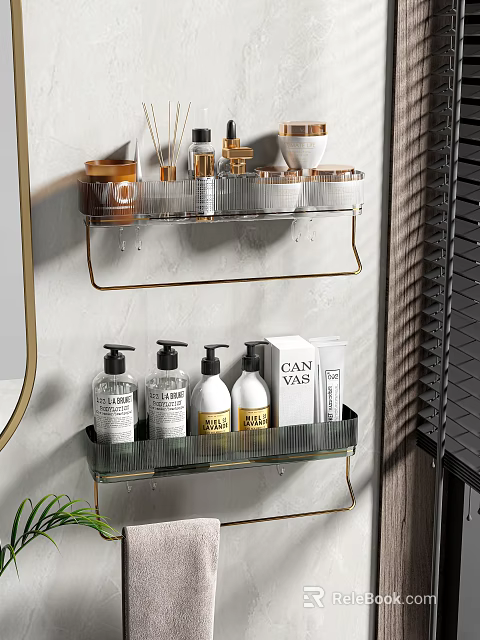 Modern Wall Mounted Bathroom Shelf With Glass Tier And Gold Frame Toiletries 3d model 