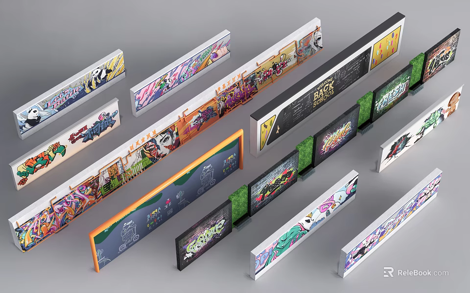 Artistic Graffiti Feature Walls With Colorful Patterns And Long Framed Panels 3d model