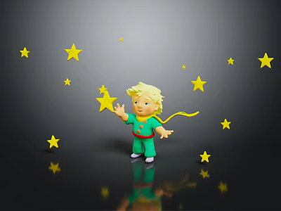 Blonde Child In Green Outfit Interacting With Floating Yellow Stars 3d model