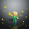 Blonde Child In Green Outfit Interacting With Floating Yellow Stars