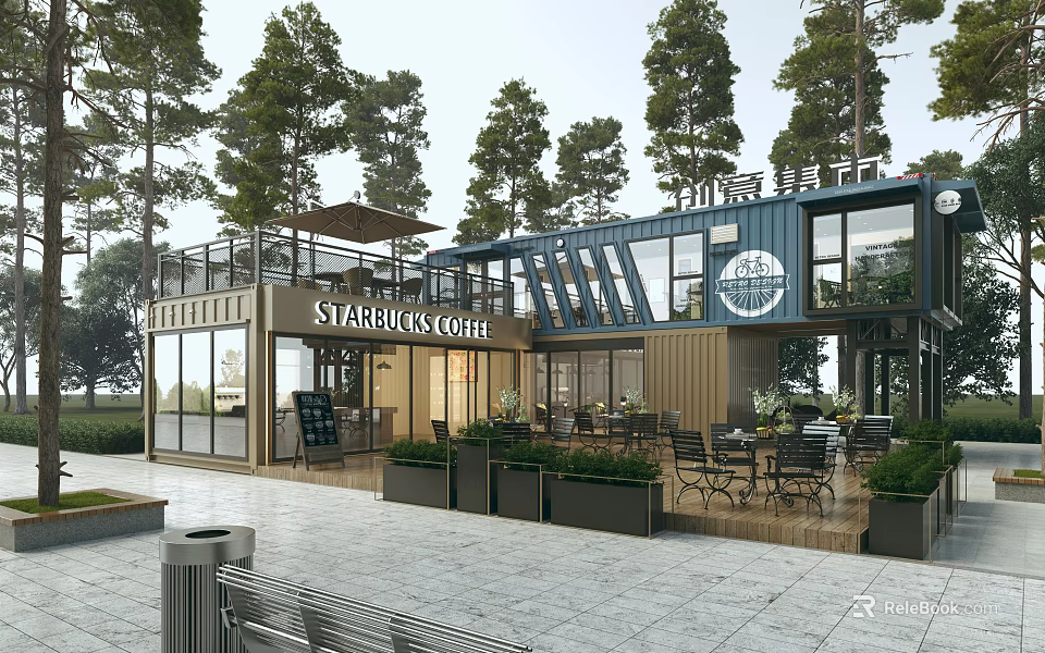 Starbucks Coffee Shop Modern Shipping Container Building with Outdoor Seating Green Plants and Trees 3d model 