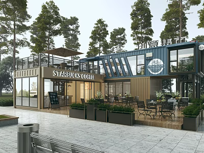 Starbucks Coffee Shop Modern Shipping Container Building with Outdoor Seating Green Plants and Trees 3d model