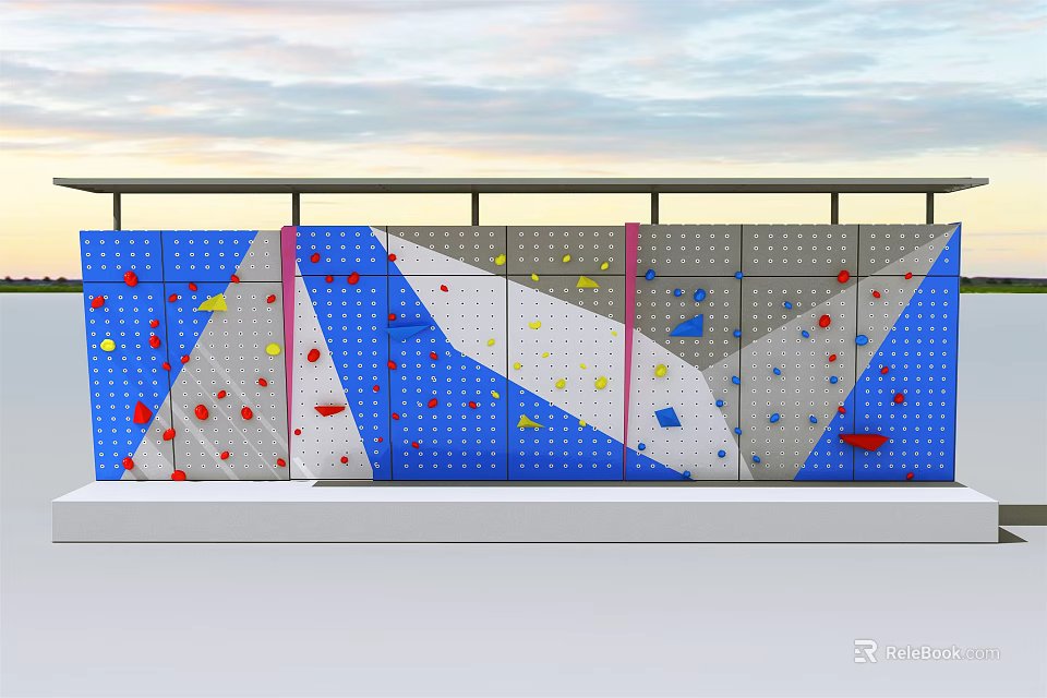 Outdoor Sport Equipment Climbing Wall With Colorful Holds And Metal Frame 3d model 