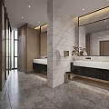 Public Restroom Modern Interior Design With Marble Walls Double Sinks Large Mirrors And Wooden Accents