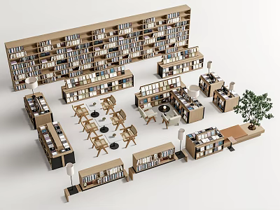 Modern Library Interior With Wooden Bookcases Filled With Books Tables Chairs And Potted Plant 3d model