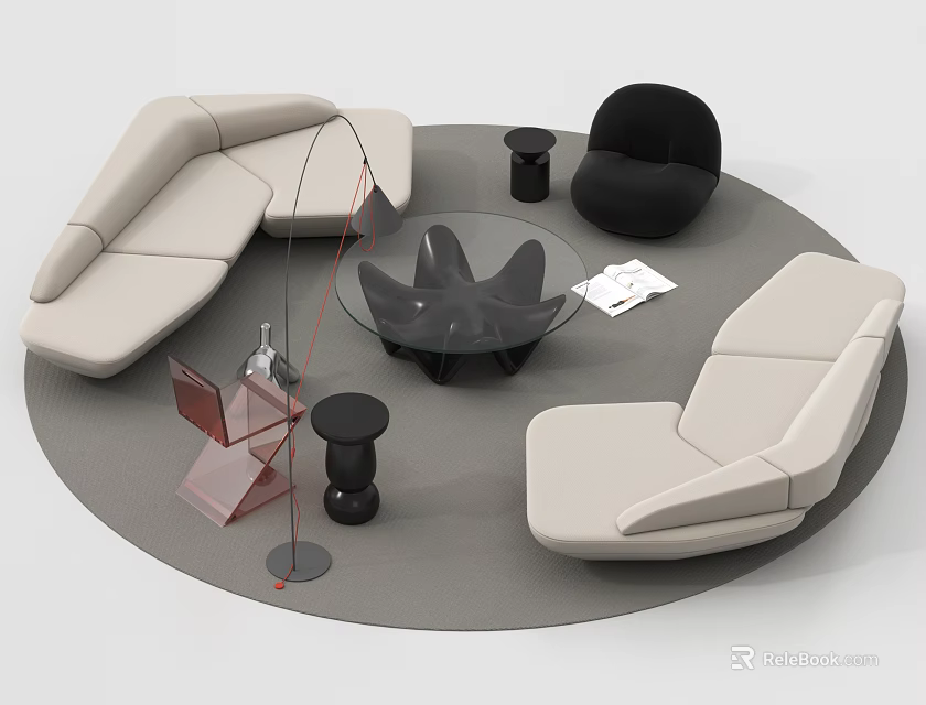 Modern Sofa Coffee Table Combination With Light Colored Seats Black Armchair And Unique Shaped Table 3d model 