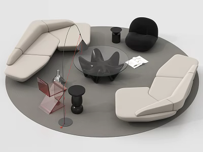 Modern Sofa Coffee Table Combination With Light Colored Seats Black Armchair And Unique Shaped Table 3d model