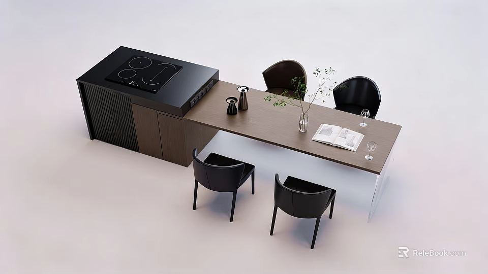 Modern Kitchen Island Featuring Black Stove Brown Countertop Black Chairs Vase And Magazine On Top 3d model 