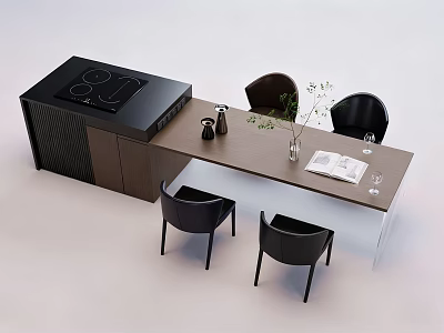 Modern Kitchen Island Featuring Black Stove Brown Countertop Black Chairs Vase And Magazine On Top 3d model