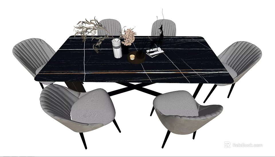 Modern Black Marble Dining Table Set With Gray Upholstered Chairs And Decorative Plants 3d model 