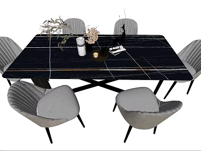 Modern Black Marble Dining Table Set With Gray Upholstered Chairs And Decorative Plants 3d model