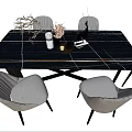 Modern Black Marble Dining Table Set With Gray Upholstered Chairs And Decorative Plants 3d model