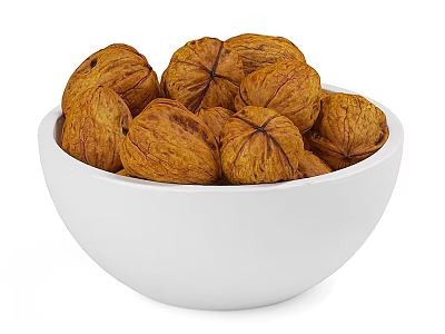 Fresh Walnuts Served in a White Ceramic Bowl on White Background 3d model