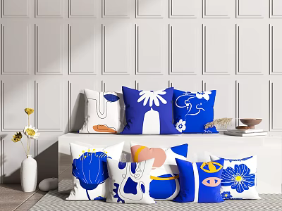 Blue And White Throw Pillows With Floral Abstract Designs On Sofa Bench 3d model