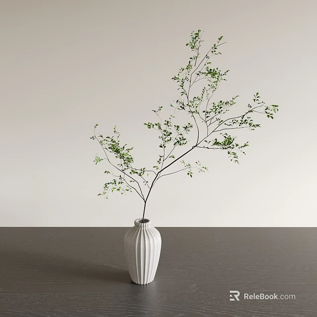White Striped Vase With Green Leafy Branches On Dark Tabletop 3d model