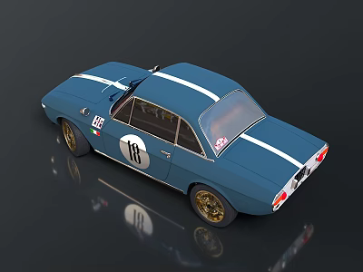 Vintage Blue Racing Car with White Stripes Number 16 and Gold Wheels 3d model