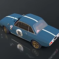 Vintage Blue Racing Car with White Stripes Number 16 and Gold Wheels