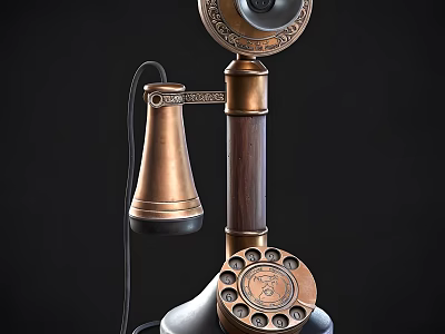Vintage Rotary Dial Telephone With Ornate Copper And Wooden Design For Home Decor 3d model