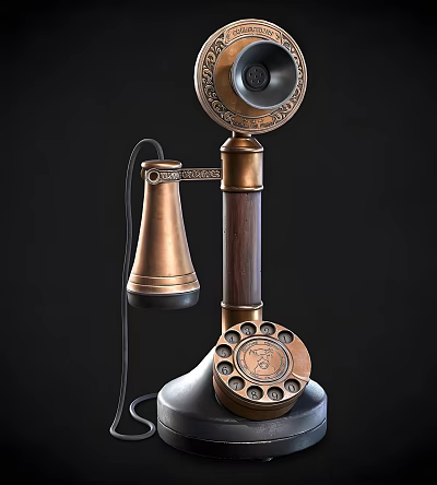Vintage Rotary Dial Telephone With Ornate Copper And Wooden Design For Home Decor 3d model