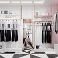 V VIGUE Minimalist Style Clothing Store With Black Dresses White Tops And Checkered Floor