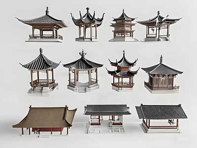 Ancient Architecture Miniature Models Featuring Various Traditional Pavilions And Roof Structures 3d model