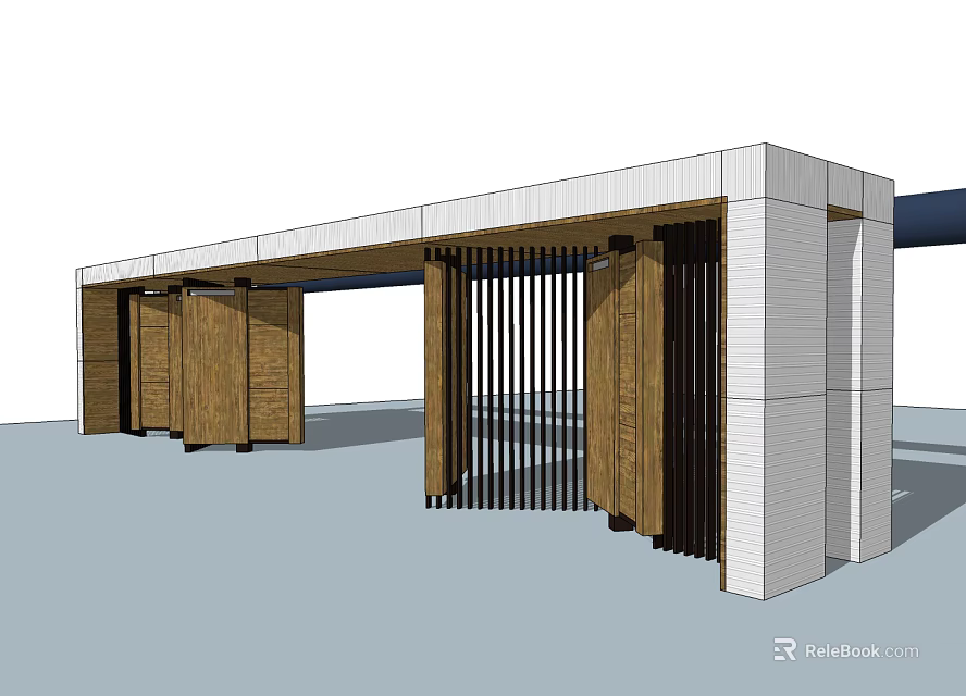 Modern Entrance Gate Design With Wooden Panels White Frame And Black Vertical Slats 3d model 