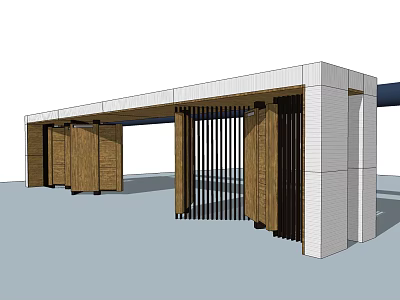 Modern Entrance Gate Design With Wooden Panels White Frame And Black Vertical Slats 3d model