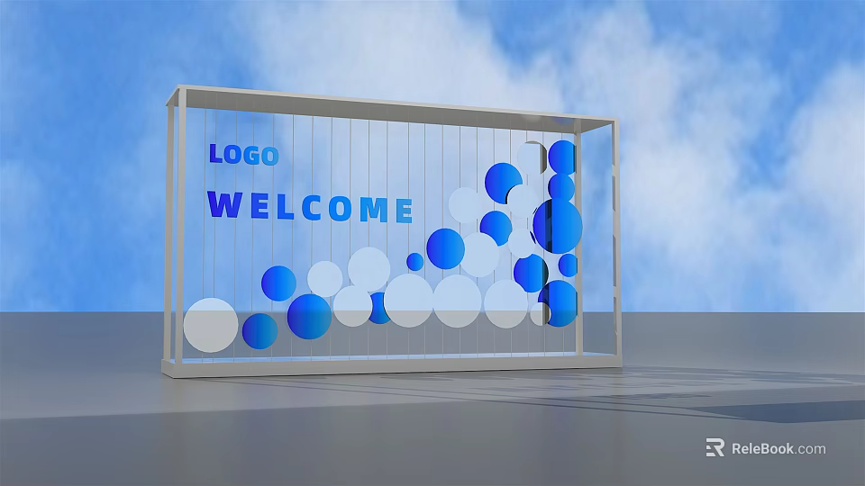 Modern Welcome Display Board With Logo Blue And White Circular Patterns Against Blue Sky Background 3d model 