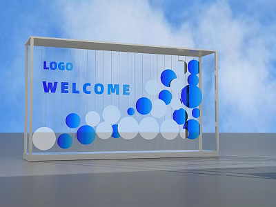 Modern Welcome Display Board With Logo Blue And White Circular Patterns Against Blue Sky Background 3d model