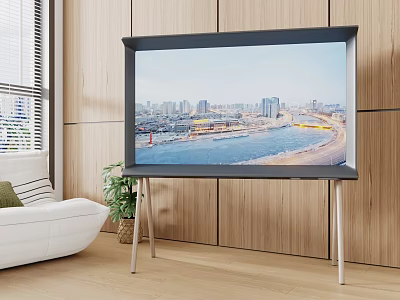 TV Displaying City River View In Room With Wooden Wall White Sofa And Green Plant 3d model