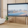 TV Displaying City River View In Room With Wooden Wall White Sofa And Green Plant