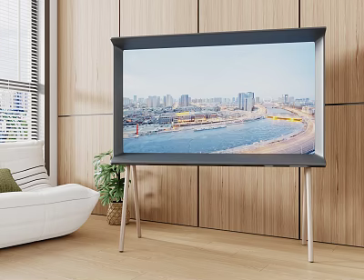 TV Displaying City River View In Room With Wooden Wall White Sofa And Green Plant 3d model