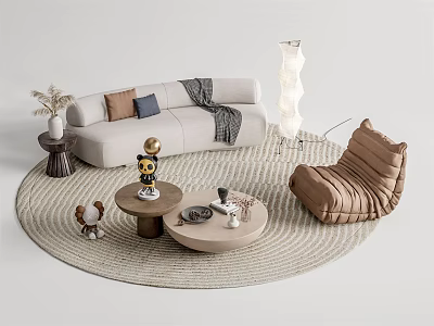 Modern Sofa and Coffee Table Set with Beige Pillows Brown Armchair and Woven Rug 3d model