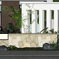 Modern Outdoor Feature Wall Design With Stone Base Lighting And Greenery Plants