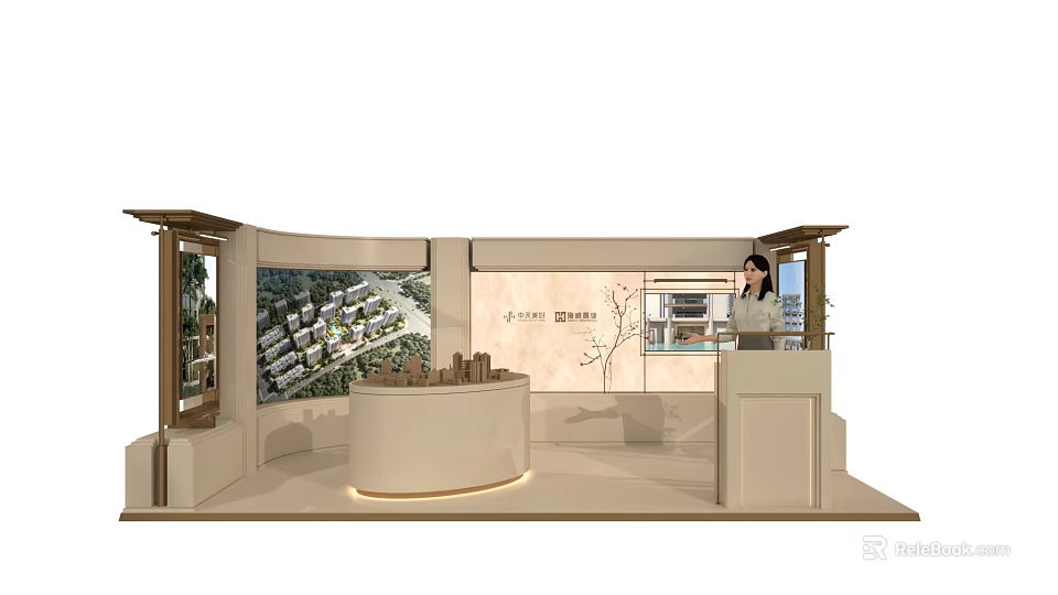 Elegant Modern Property Sales Office With Sand Table Large Display Screens And Comfortable Reception Counter 3d model 