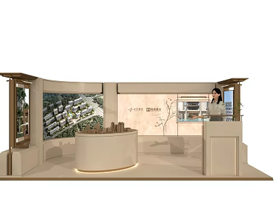 Elegant Modern Property Sales Office With Sand Table Large Display Screens And Comfortable Reception Counter 3d model