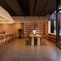 Modern Wooden Cafe Interior With Large Ceiling Light Coffee Machines And Shelves